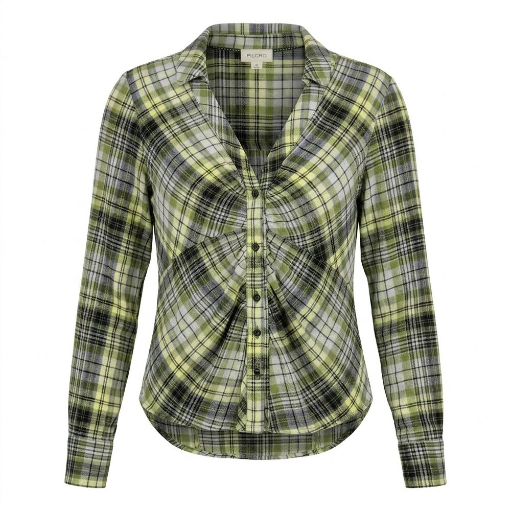 Pilcro Anthropologie Ruched Collared Stretch Plaid Blouse Women Size XS